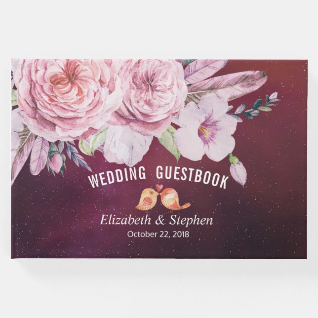 Bröllop Guestbook Boho Blommigt Feather Burgundy R Gästböcker (Framsida)