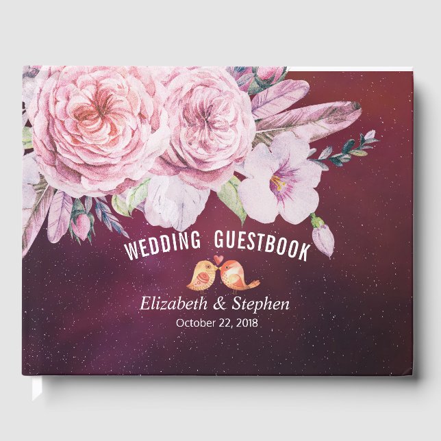 Bröllop Guestbook Boho Blommigt Feather Burgundy R Gästböcker (Framsida)