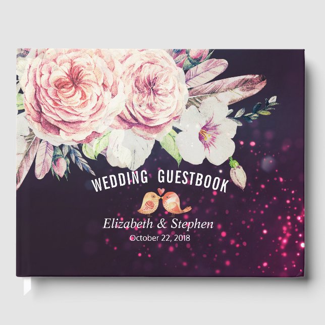 Bröllop Guestbook Boho Blommigt Feather Lila Light Gästböcker (Framsida)