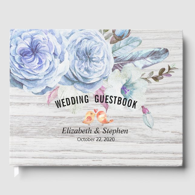 Bröllop Guestbook Boho Blommigt Feathers Rustic Wo Gästböcker (Framsida)
