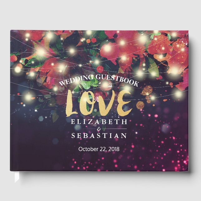 Bröllop Guestbook Burgundy Red Blommigt String Lig Gästböcker (Framsida)