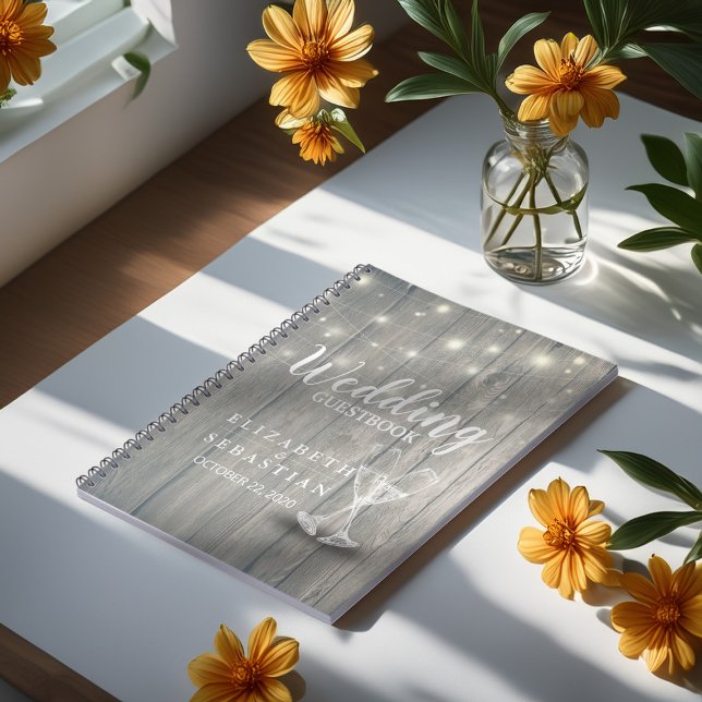 Bröllop Guestbook Champagne Glass Wood Ljus Anteckningsbok (Skapare uppladdad)