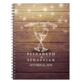 Bröllop Guestbook Champagne Glass Wood Ljus Anteckningsbok