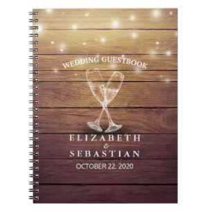 Bröllop Guestbook Champagne Glass Wood Ljus Anteckningsbok
