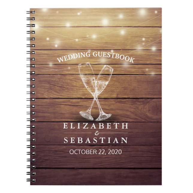 Bröllop Guestbook Champagne Glass Wood Ljus Anteckningsbok (Framsidan)