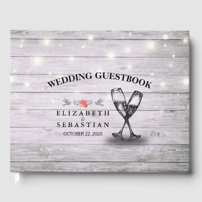 Bröllop Guestbook Champagne Glass Wood Ljus Gästböcker (Framsida)