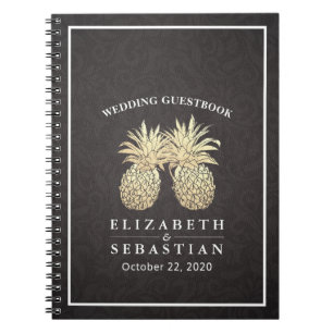 Bröllop Guestbook Chic Black Guld ananas par par Anteckningsbok