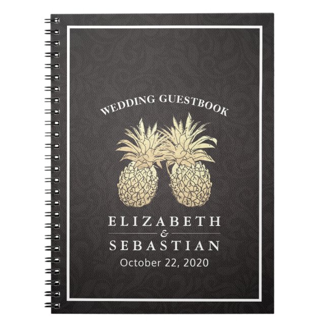 Bröllop Guestbook Chic Black Guld ananas par par Anteckningsbok (Framsidan)