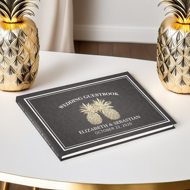 Bröllop Guestbook Chic Black Guld ananas par par Gästböcker (Skapare uppladdad)