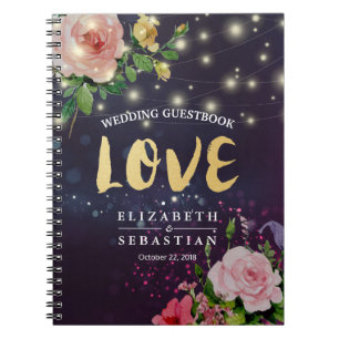 Bröllop Guestbook Chic Blommigt Lila Gnistra Light Anteckningsbok Med Spiral