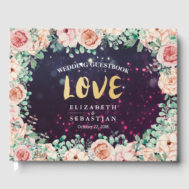 Bröllop Guestbook Chic Blommigt Lila Gnistra Light Gästböcker (Framsida)