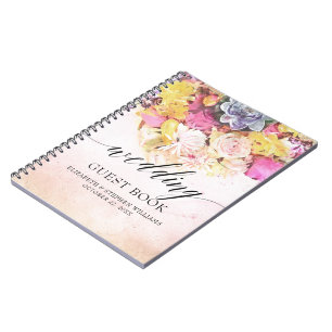 Bröllop Guestbook Chic Colorful Watercolor Flowers Anteckningsbok