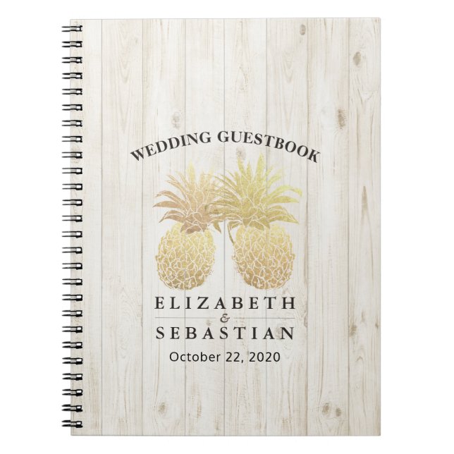 Bröllop Guestbook Chic Guld Ananas Rustic Wood Anteckningsbok (Framsidan)
