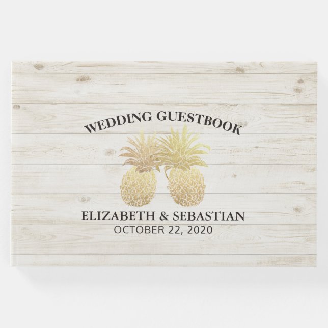Bröllop Guestbook Chic Guld Ananas Rustic Wood Gästböcker (Framsida)
