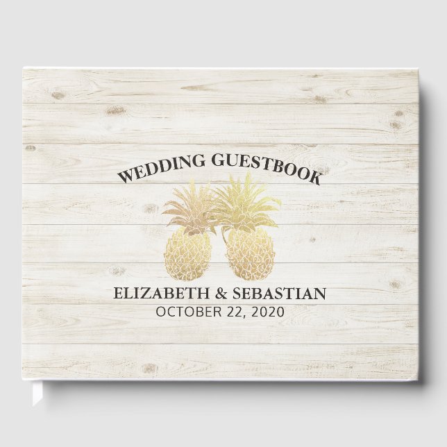 Bröllop Guestbook Chic Guld Ananas Rustic Wood Gästböcker (Framsida)