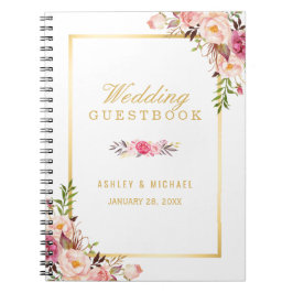 Bröllop Guestbook - Elegant Chic Guld Rosa Blommig Anteckningsbok Med Spiral