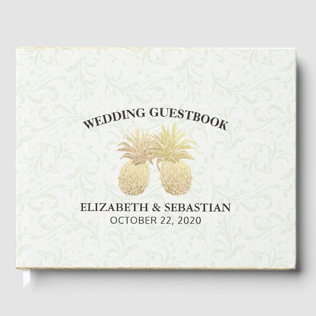 Bröllop Guestbook Gold Foil Pineapple Damask Pappe Gästböcker (Framsida)