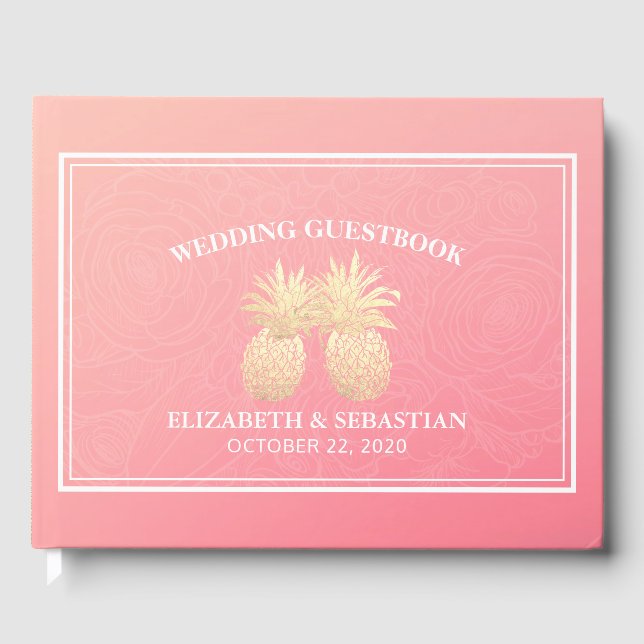 Bröllop Guestbook Guld ananas par Rosa ros Gästböcker (Framsida)