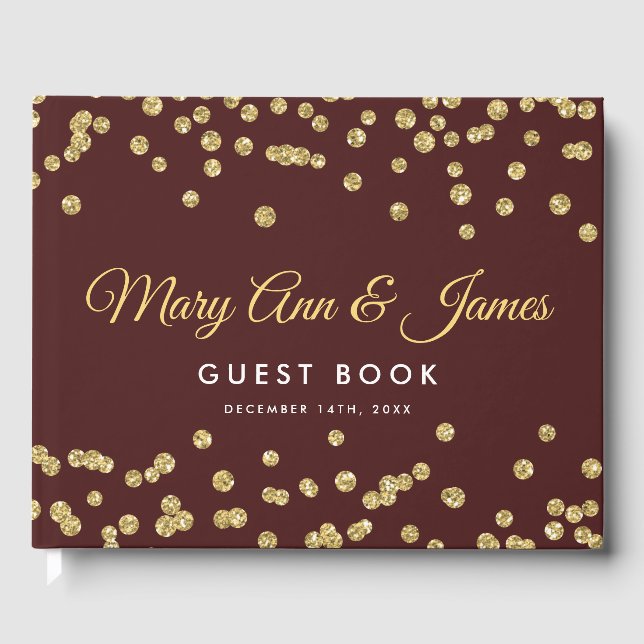 Bröllop Guestbook Guld Glitter Confetti Marsala Gästböcker (Framsida)