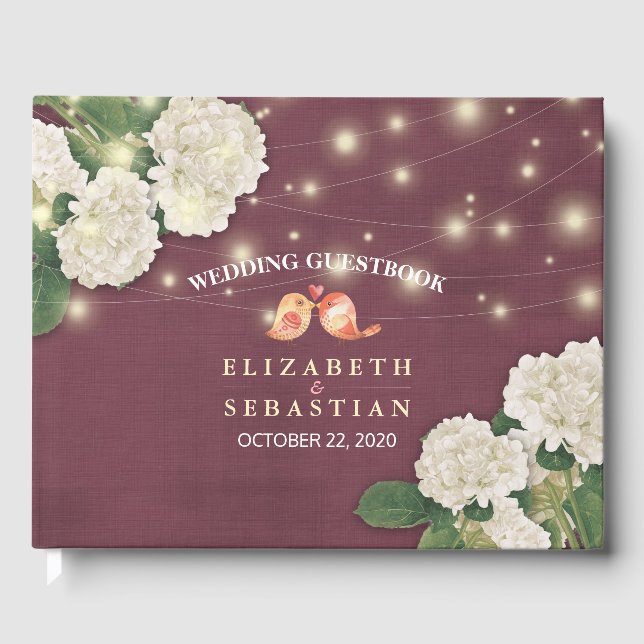 Bröllop Guestbook Hydrangea String Ljus Burgundy Gästböcker (Framsida)