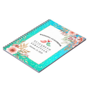 Bröllop Guestbook Modern Rosa Blommigt Teal Guld D Anteckningsbok