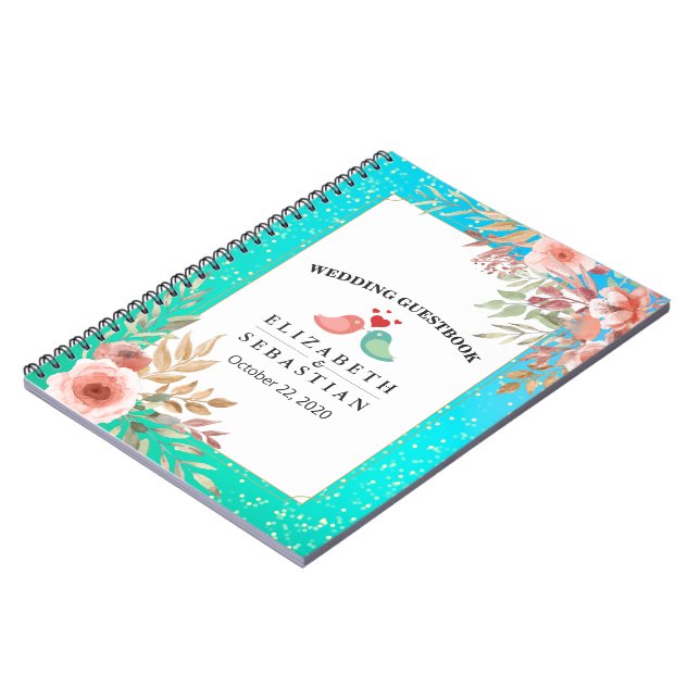 Bröllop Guestbook Modern Rosa Blommigt Teal Guld D Anteckningsbok (Vänstra Sidan)