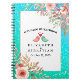 Bröllop Guestbook Modern Rosa Blommigt Teal Guld D Anteckningsbok