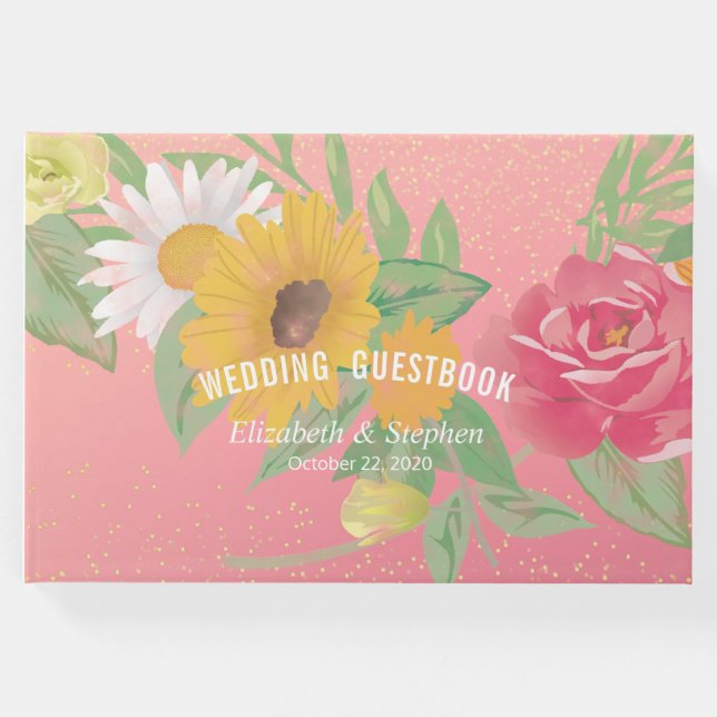 Bröllop Guestbook Ro Flowers Rosa Guld Glitter Gästböcker (Framsida)