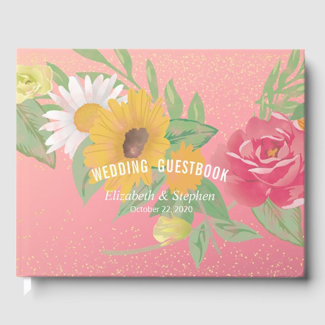 Bröllop Guestbook Ro Flowers Rosa Guld Glitter Gästböcker (Framsida)