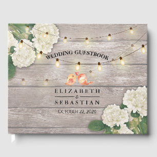 Bröllop Guestbook Rustic Wood Blommigt String Ljus Gästböcker