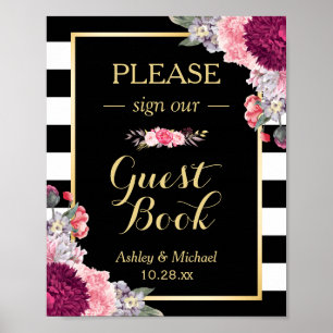 Bröllop Guestbook Sign Burgundy Blommigt Rand Poster