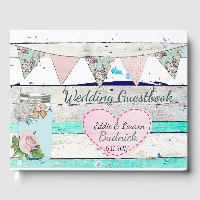 Bröllop Guestbook Teal Rustic Wood Shabby chic Gästböcker (Framsida)