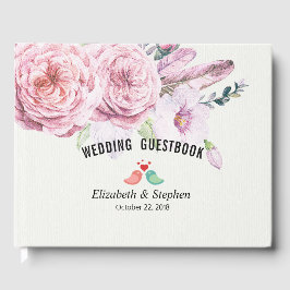 Bröllop Guestbook Watercolor Boho Blommigt Feather Gästböcker