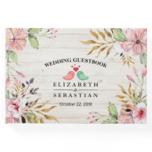 Bröllop Guestbook Watercolor Flowers Rustic Wood