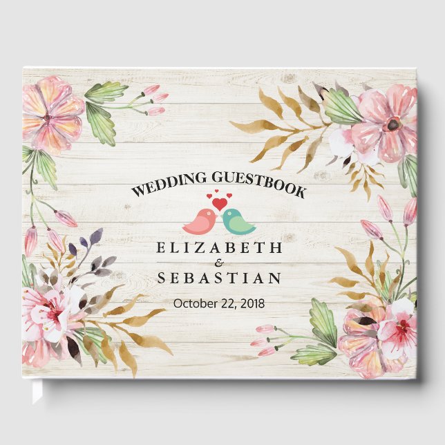 Bröllop Guestbook Watercolor Flowers Rustic Wood Gästböcker (Framsida)