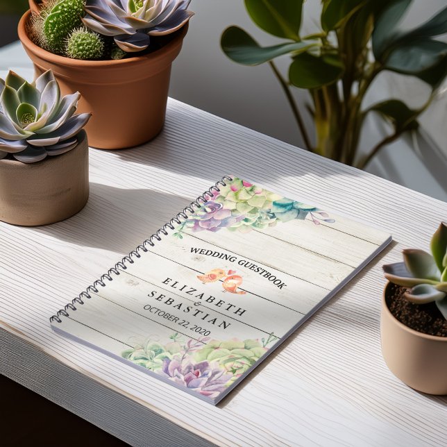 Bröllop Guestbook Watercolor Succulent Rustic Wood Anteckningsbok (Skapare uppladdad)