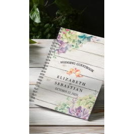 Bröllop Guestbook Watercolor Succulent Rustic Wood Anteckningsbok