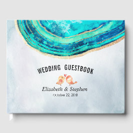Bröllop Guestbook Watercolor Teal Guld Agate Geode Gästböcker