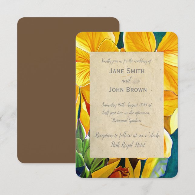 Bröllop gula blommor vattenfärgsart rustic inbjudningar (Fram/baksida)