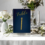 Bröllop guld glitter-flottan elegant bordsnummer<br><div class="desc">Faux guld foil formella calligraphy-skript bröllopsmottagningskort bord. Den blå bakgrunden färg i flottan är redigerbar. Du kan ändra den när du har markerat Knappen ANPASSA YTTERLIGARE. Här hittar du alla nummer ( 1 - 50): http://bit.ly/2sLMaFh</div>
