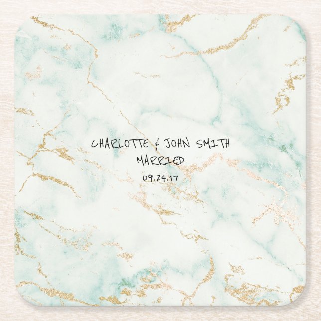 Bröllop Guld Marble Mint Grönt Underlägg Papper Kvadrat (Framsidan)