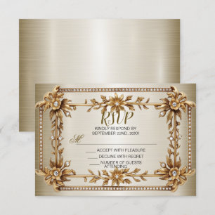 Bröllop Guld Ornate Rectangle Dimond Flowers Shiny OSA Kort