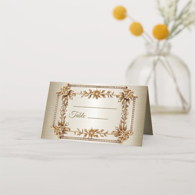Bröllop Guld Ornate Rectangle Dimond Flowers Shiny Placeringskort (Framsida)