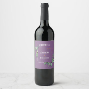 Bröllop Guld Ram och Lavender Blommigt Vin Vinflaska Etikett