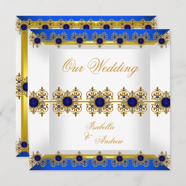 Bröllop Guld Royal Blue Gem White Inbjudningar (Fram/baksida)