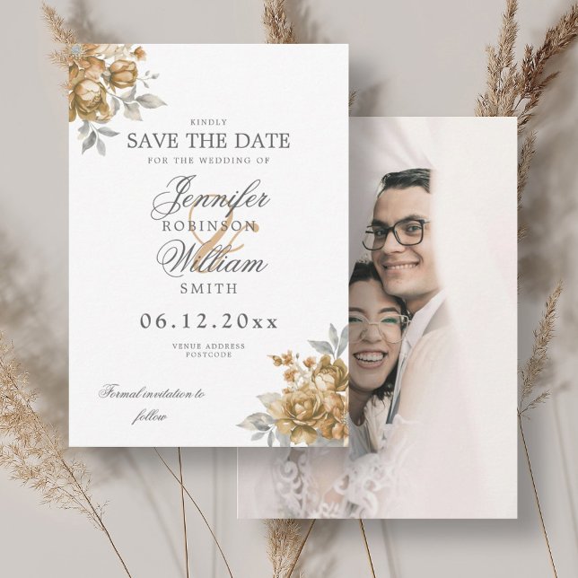 Bröllop Guld Rustik Blommig Foto Spara Datum Datumet (Wedding Gold Rustic Floral Photo Save Date Save The Date)