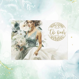 Bröllop Guld Välkommen Dusty Blue Eucalyptus Grönt Tilläggskort