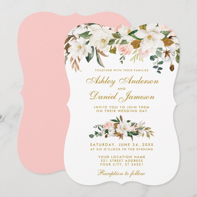 Bröllop Guld vid Blommigt Rosa vid Ro vid , Magnol Inbjudningar (Fram/baksida)