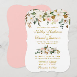 Bröllop Guld vid Blommigt Rosa vid Ro vid , Magnol Inbjudningar