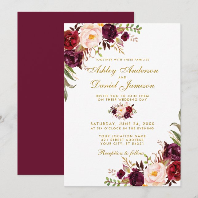 Bröllop Guld Watercolor Burgundy Blommigt Inbjudningar (Fram/baksida)
